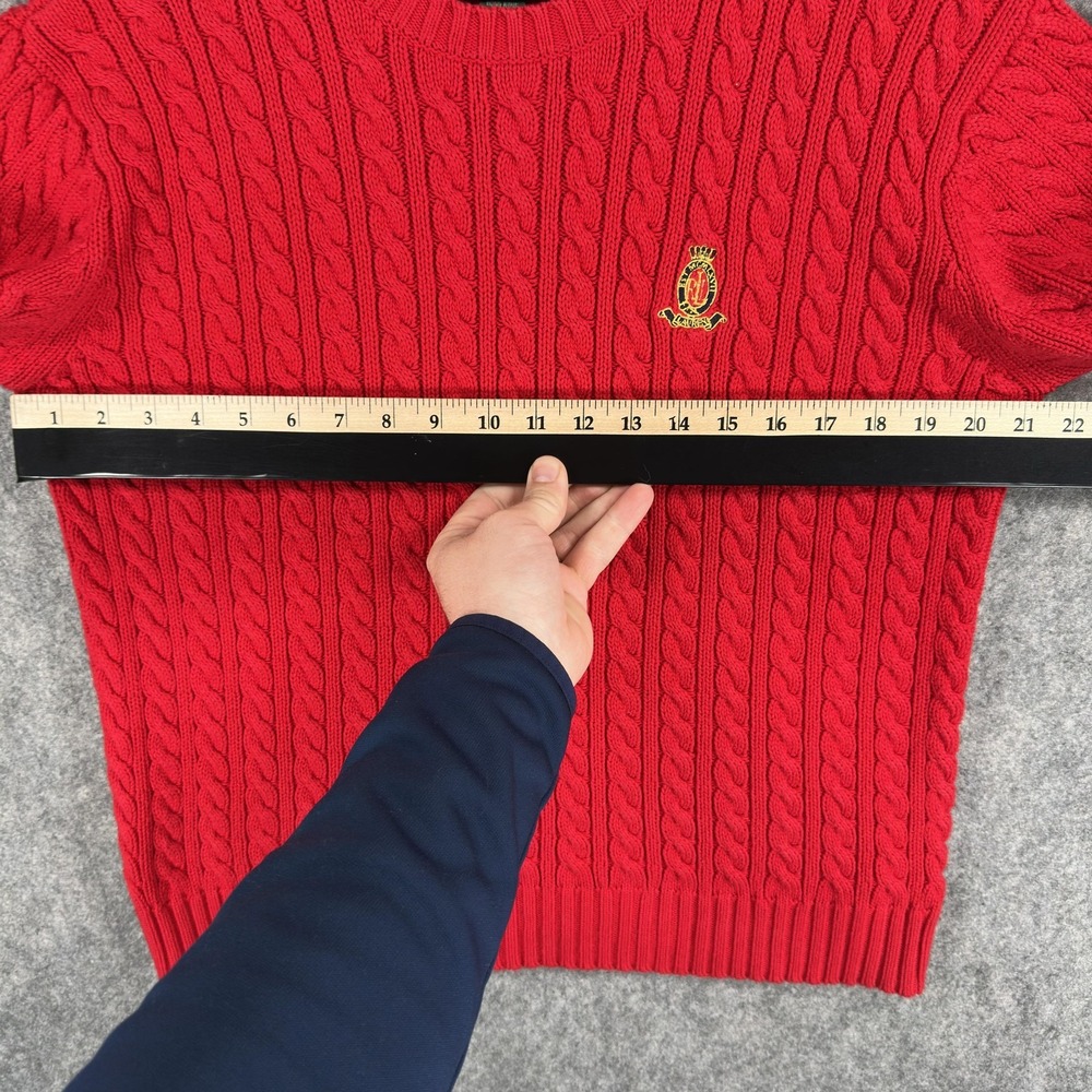 Lauren Ralph Lauren Sweater Womens Medium Red Cable Knit Cotton Crest Old Money - Picture 7 of 13